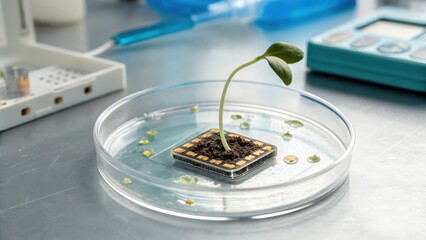 startup seed technology concept. A plant growing in a petri dish on a laboratory table.