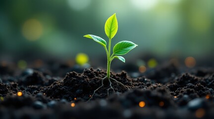 startup seed technology concept. Small plant sprouting from rich soil in a blurred green background.