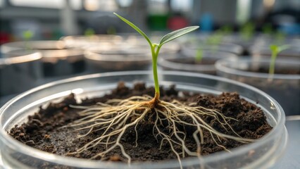 startup seed technology concept. Green seedling emerging from soil in a laboratory environment.