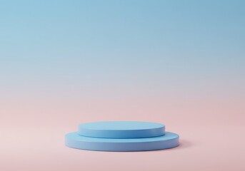 A two-tiered, light blue cylindrical platform set against a pastel gradient backdrop.