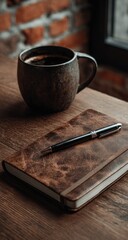 Dark coffee mug, leather journal, and pen on wooden table