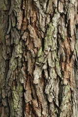 Obraz premium Close-up of tree bark texture, showing deep furrows, varied shades of brown and grey, and patches of green lichen