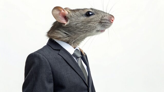 Surreal Mouse Head on Human Body in Charcoal Formal Suit Emphasizing Intelligence and Quiet Authority on White Background - Powered by Adobe