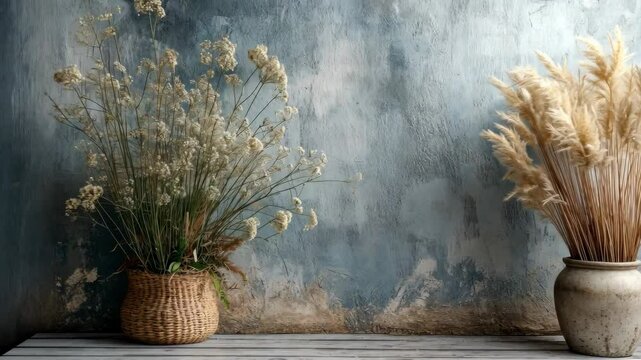 Elegant arrangement of dried flowers in rustic vases against a textured blue wall backdrop