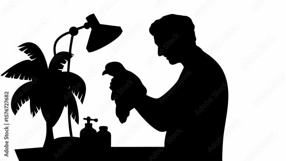 Poster silhouette of man holding bird under lamp with palm tree and bottles on table in black and white art