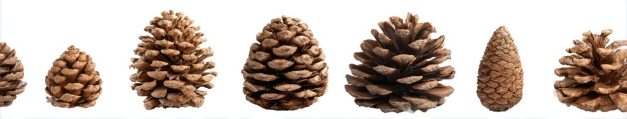 Seven pine cones of varying sizes and shapes, arranged in a row against a white background