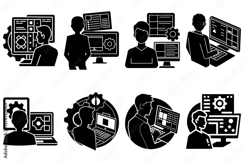 Aufkleber illustrations of people working on computers with gears and software interfaces in black and white s