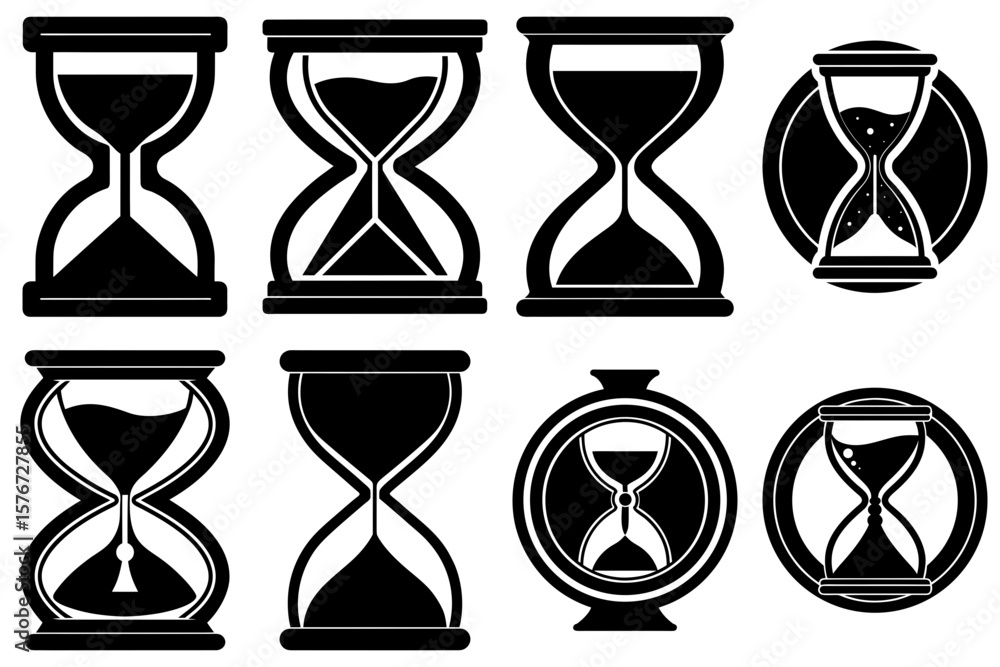 Poster illustration of multiple hourglasses with varying sand levels and frame styles in black and white co