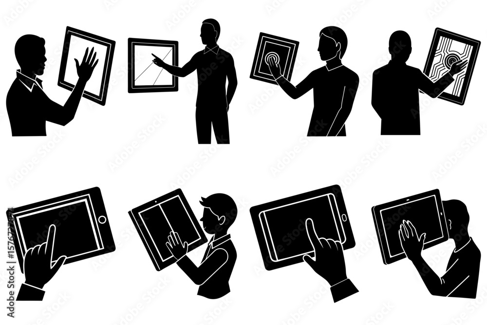 Poster silhouetted figures interacting with tablets and screens in various gestures and orientations shown 