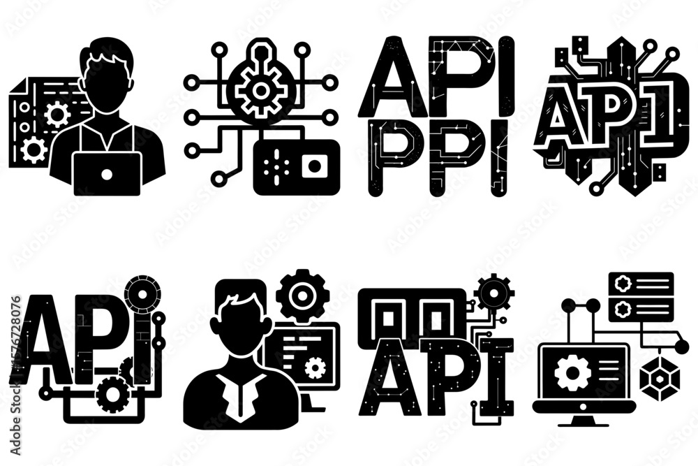Poster six api and ppi related icons featuring developers, computer screens, and circuit board designs show