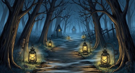 Pixelated illustration of a mystical forest path illuminated by glowing lanterns and eerie lights, creating a moody atmosphere and a sense of mystery with dark colors.
