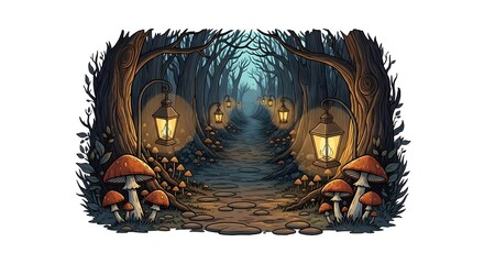 Pixelated Illustration Of A Forest Path At Night Illuminated By Lanterns And Glowing Mushrooms. The scene is set within a dense forest with tall trees, and a winding path.