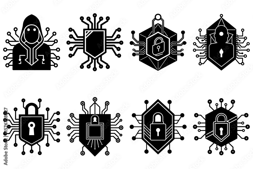Aufkleber collection of security icons featuring hooded figure shield and padlock with circuit board elements 