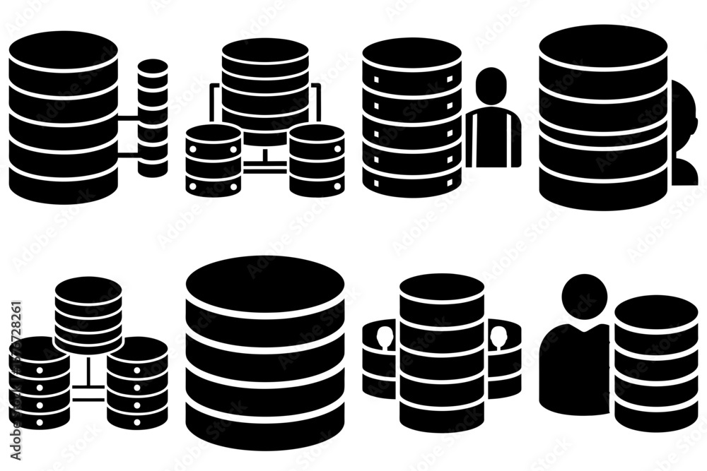 Poster illustration of multiple database icons with varying sizes and some human figures in black color sch