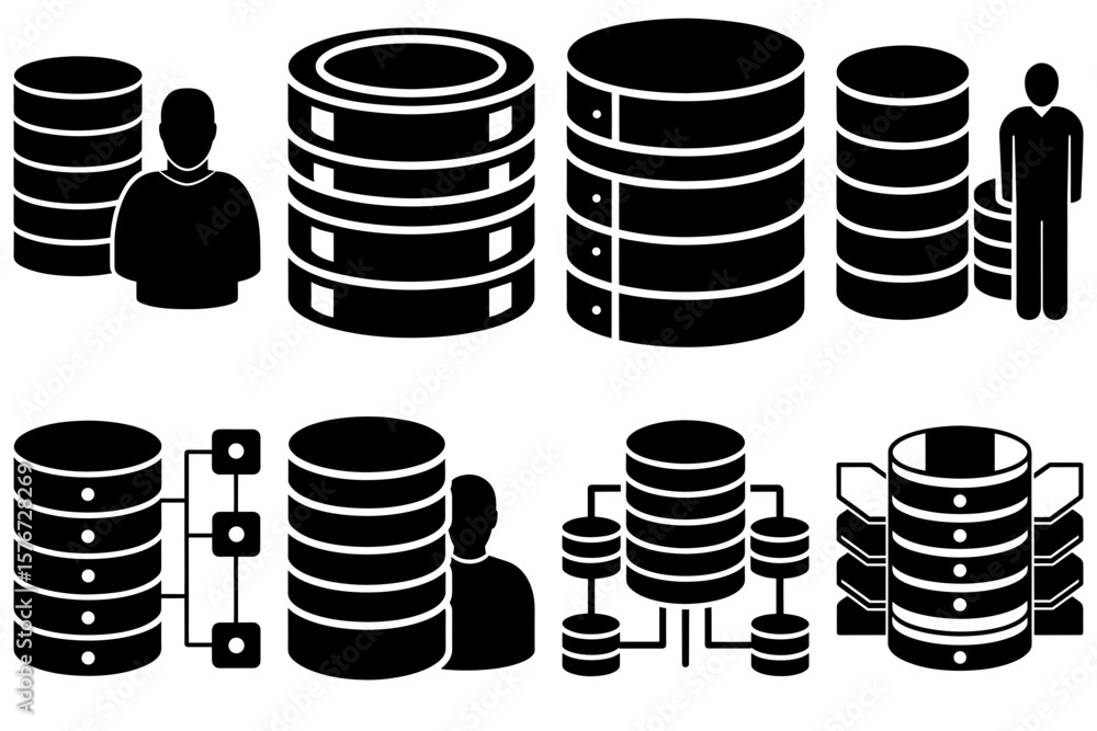 Poster illustration showing multiple database server icons with human figures in a black and white design