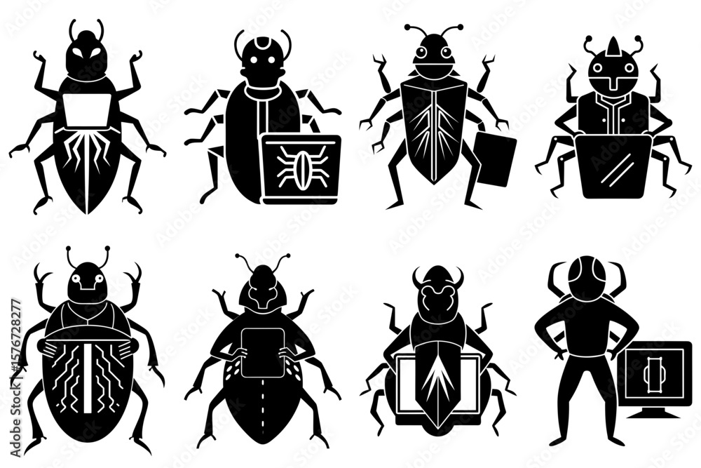 Aufkleber illustration of eight stylized black beetles with various digital device integrations in a row forma
