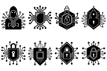Fototapeta premium Collection of security icons featuring hooded figure shield and padlock with circuit board elements design
