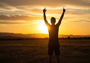 Fototapeta premium Silhouette of a man celebrating sunset in a desert landscape. Generative Ai
