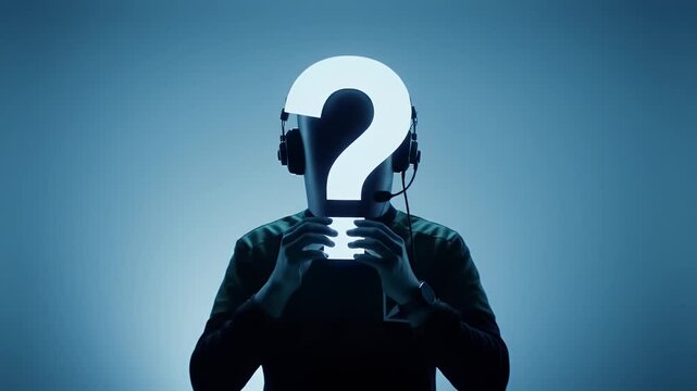 Silhouette of Person Holding Question Mark with Headset Against Blue Background for Adobe Stock