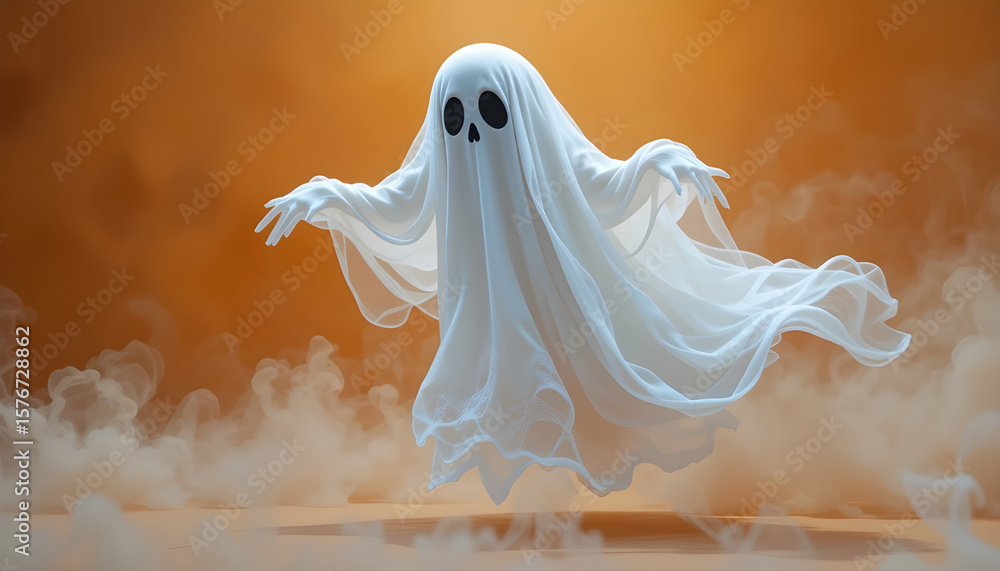 Fototapete spooky white ghost floating in smoky orange setting.a digitally rendered white ghost, with a simple 
