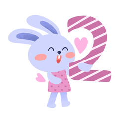 Rabbit holding number two hand drawn clipart illustration