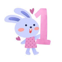 Rabbit holding number one hand drawn clipart illustration