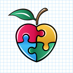 Colorful apple heart made of puzzle pieces. Vector isolated on blue square grid with white background.	
