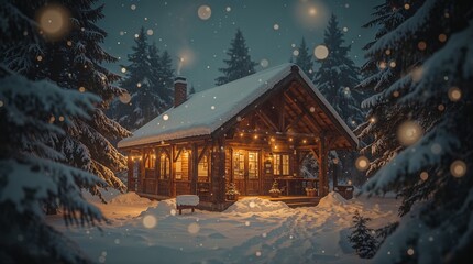 "A cozy coffee shop in a snowy forest, warm glowing lights inside, wooden cabin style, snow falling softly, cinematic light — ultra-realistic, 8k"
