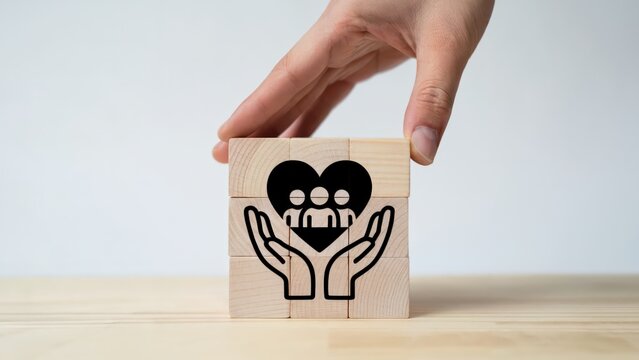 Hand placing wooden blocks depicting heart and family for protection