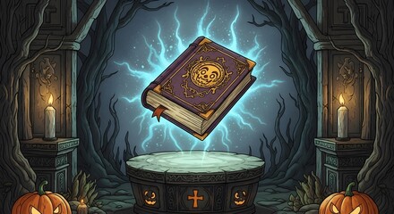 Pixelated illustration of a glowing book levitating on a pedestal within a dark stone chamber illuminated by candles and lightning effects. Halloween pumpkins in front.