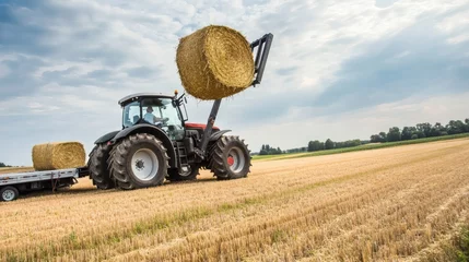 Fototapeten Traktor A tractor using machinery to move hay bales on a farm  © kirania