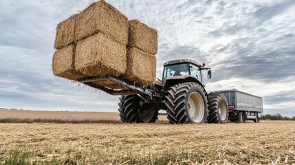 A tractor carries hay bales across a harvested farmland field
