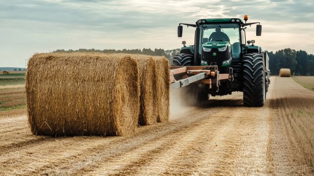Fototapeta A green tractor collecting hay bales in a field at harvest time