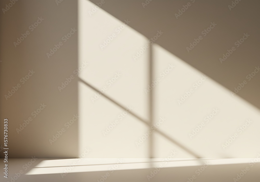 Poster sunlight streams across a blank wall and floor, creating geometric shapes of light and shadow in an 