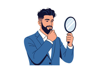 Vector SVG Illustration of Man in Suit with Mirror in Modern Flat Style Featuring Facial Expression and Hand Gesture in Blue Colors for Digital Media