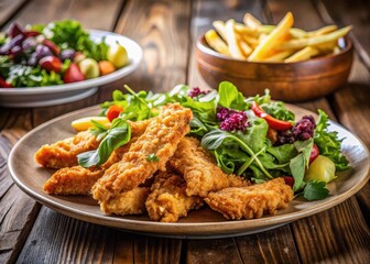 Fototapeta premium Crispy chicken strips served with fresh mixed greens salad and hot fries on a wooden table in a cozy restaurant setting