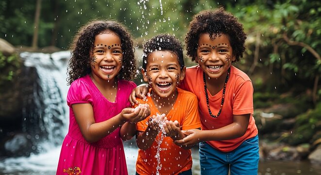 Three Joyful Children Laughing And Splashing Water By A Waterfall In A Lush Jungle, Carefree Summer Fun, Childhood Adventure, Happy Kids - Powered by Adobe