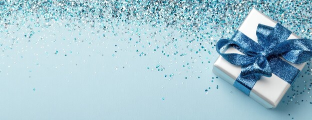 A single gift box with a blue ribbon sits on a light blue background sprinkled with silver and blue glitter