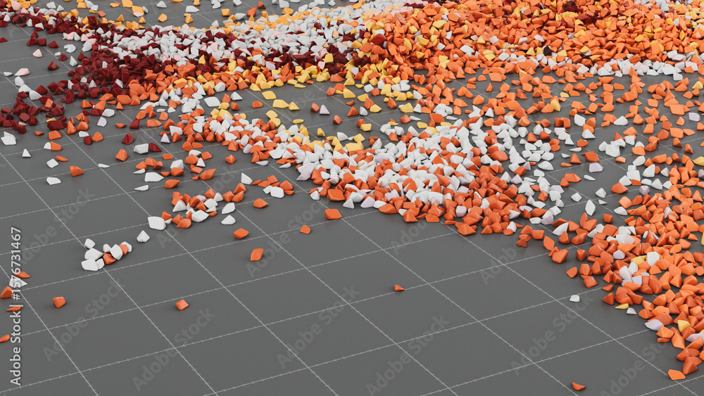 Poster abstract composition of scattered particles on gray grid background.