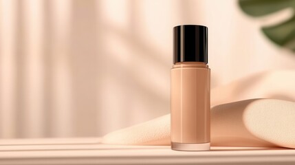 bottle template, sleek modern design with softly blurred professional makeup studio background