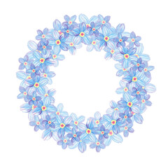Wreath, round frame, template of forget-me-not flower, Myosotis, abstract fantasy blue flower, garden plant, botany, collection of floral illustration. Hand drawn watercolor single isolated object