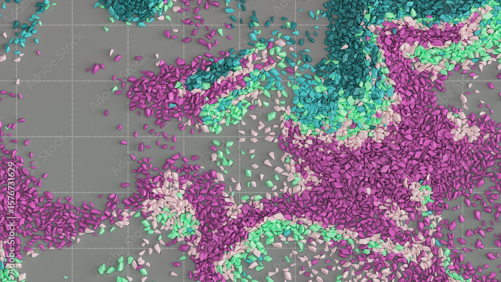 Poster fragmented colorful particles on grid floor surface.