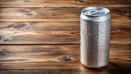 Aluminum can filled with carbonated water on a wooden table