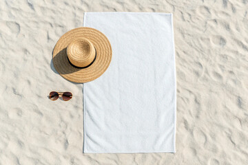 Beach towel mockup with hat and sunglasses on sand summer vacation travel background for product display