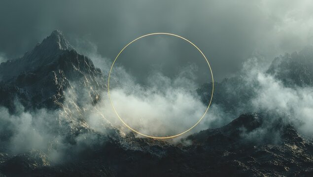 Misty mountain range shrouded in fog, a golden circle subtly floats in the middle ground, creating an ethereal, mysterious scene