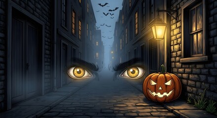 Pixelated Halloween scene of a dark alley with eerie glowing eyes and a carved pumpkin lantern. Buildings line the street creating a sense of mystery and suspense under a moonlit sky. Bats are flying.