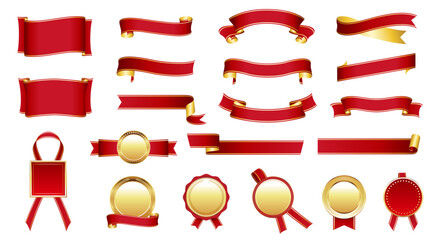 Elegant Red and Gold Ribbon and Badge Set – Vector Decorative Elements for Awards and Celebrations
