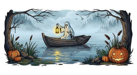 Pixel art scene with boat and ghosts on a misty lake in a spooky forest landscape. Features pumpkins with carved faces and trees creating a Halloween atmosphere