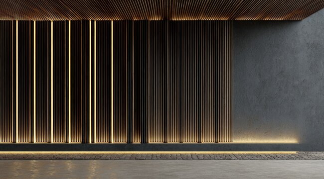 Minimalist architectural rendering featuring a sleek, modern design with a dark gray concrete wall, wood slat paneling illuminated by warm LED strip lighting, and a polished concrete floor