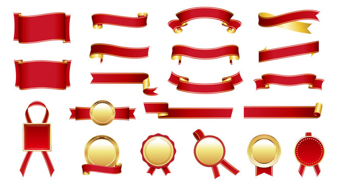 Elegant Red and Gold Ribbon and Badge Set – Vector Decorative Elements for Awards and Celebrations
